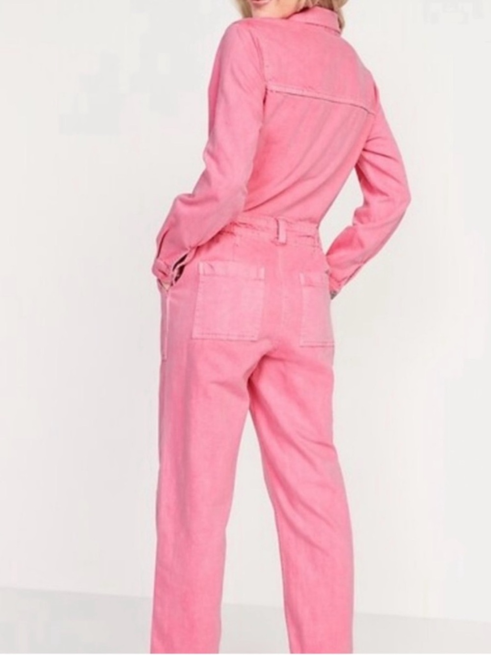 Old Navy Pink Denim Utility Jumpsuit with Pockets Size L Long Sleeve